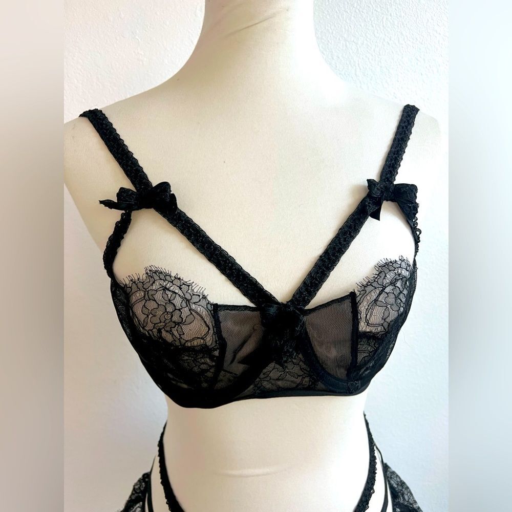 Agent Provocateur Alina Bra 36D Black Lace Mesh Strappy Demi BNWT Rare 🔥